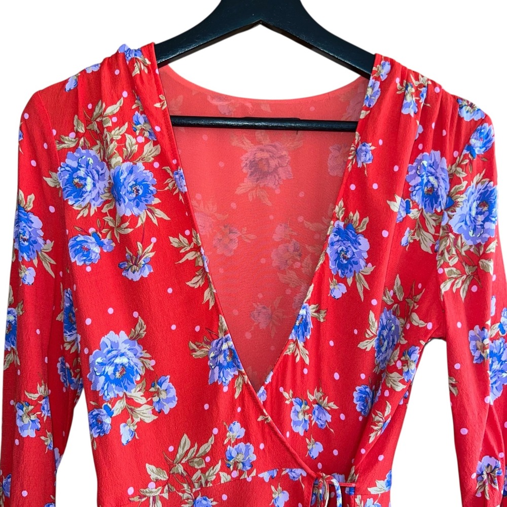 Zara Floral Mini Dress Wrap Long Sleeve Red Blue Polka‎ Dot M - Picture 3 of 12